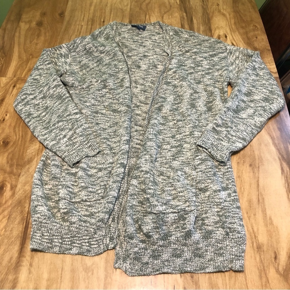 ModCloth Cardigan Womens Large Green Grey Long Sleeve Pockets V-Neck Open